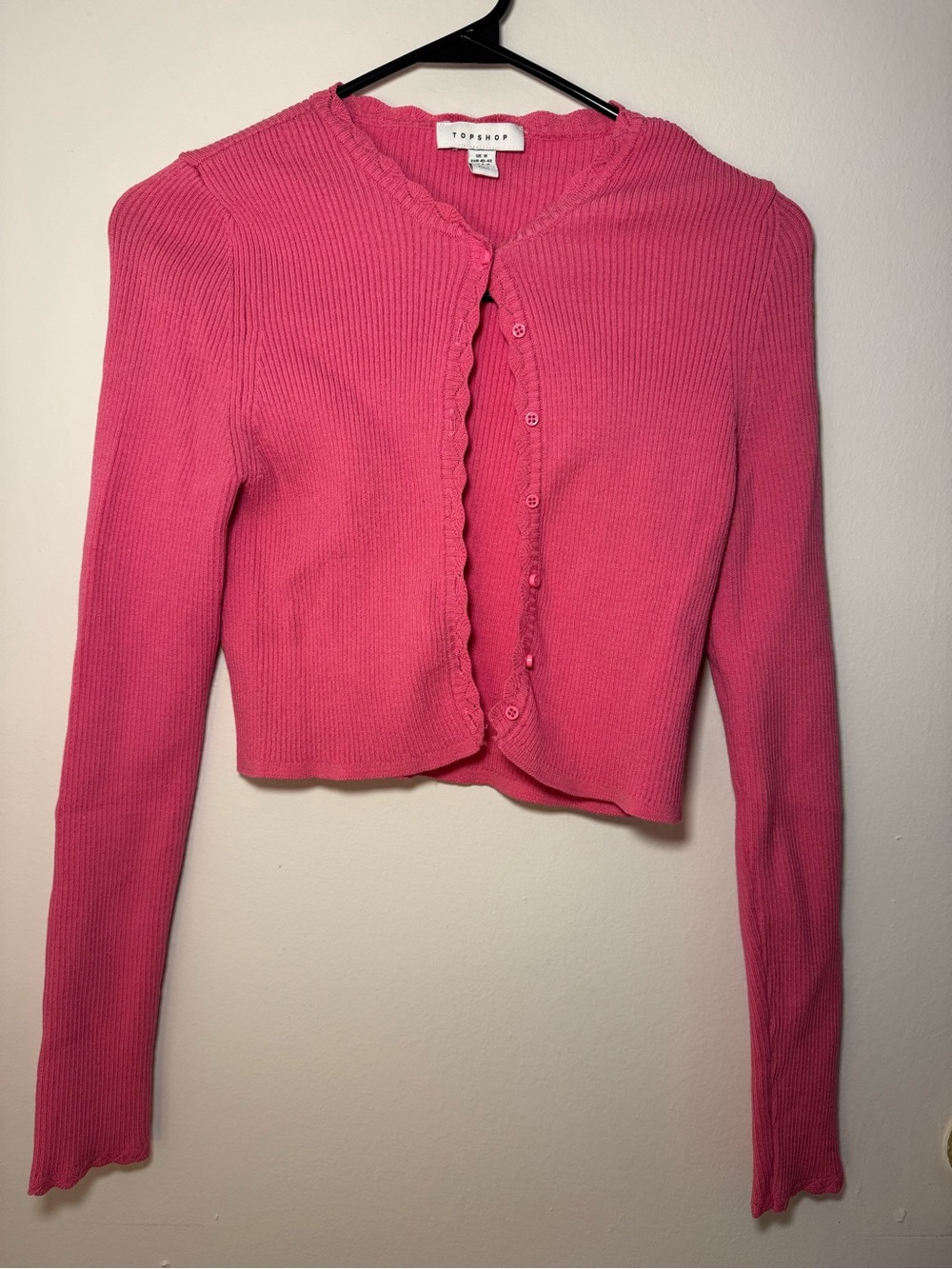 Topshop Hot Pink Ribbed Scallop-Edge Cropped Cardigan